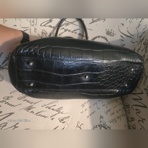 Furla Blk Crocodile Italian Leather Satchel Handbag EUC w/ Twilly - Picture 11 of 13